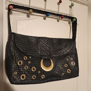 Elliott Lucca Black Leather Woven Shoulder With Bronze Hardware